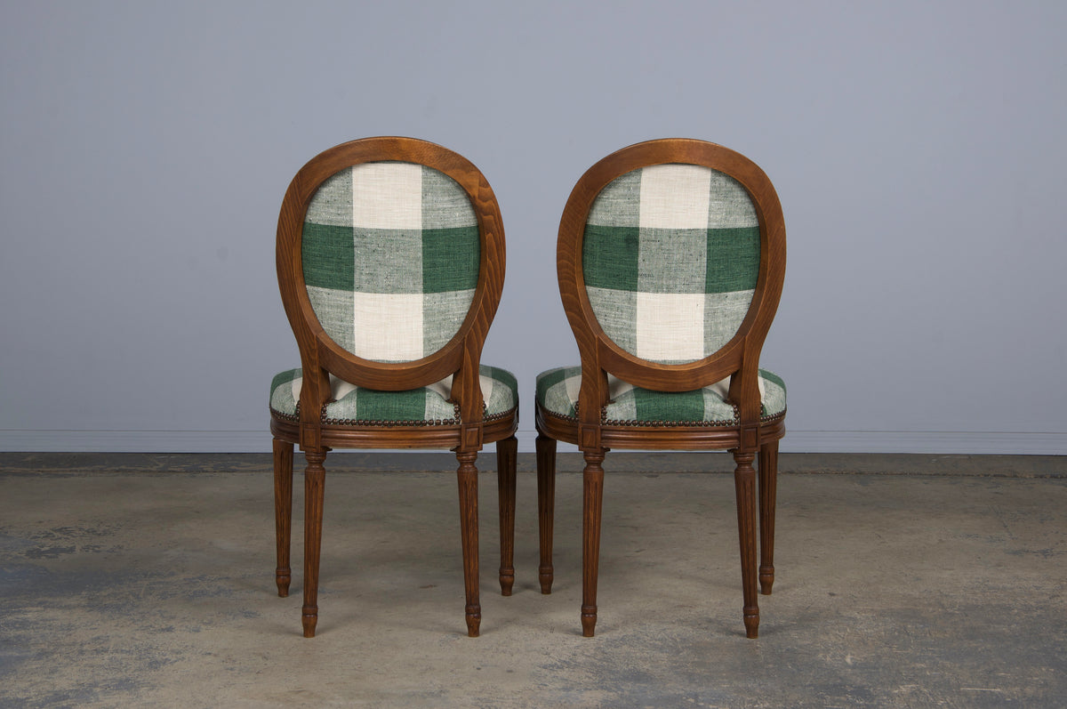 French Louis XVI Style Maple Dining Chairs W/ Green Plaid Fabric - Set of 6