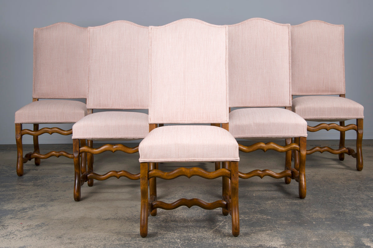 Antique French Louis XIII Style Os De Mouton Oak Dining Chairs W/ Striped Blush Pink Chenille- Set of 6