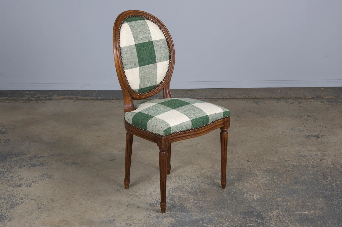 French Louis XVI Style Maple Dining Chairs W/ Green Plaid Fabric - Set of 6