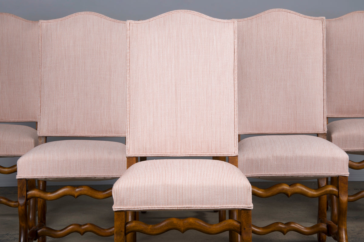 Antique French Louis XIII Style Os De Mouton Oak Dining Chairs W/ Striped Blush Pink Chenille- Set of 6