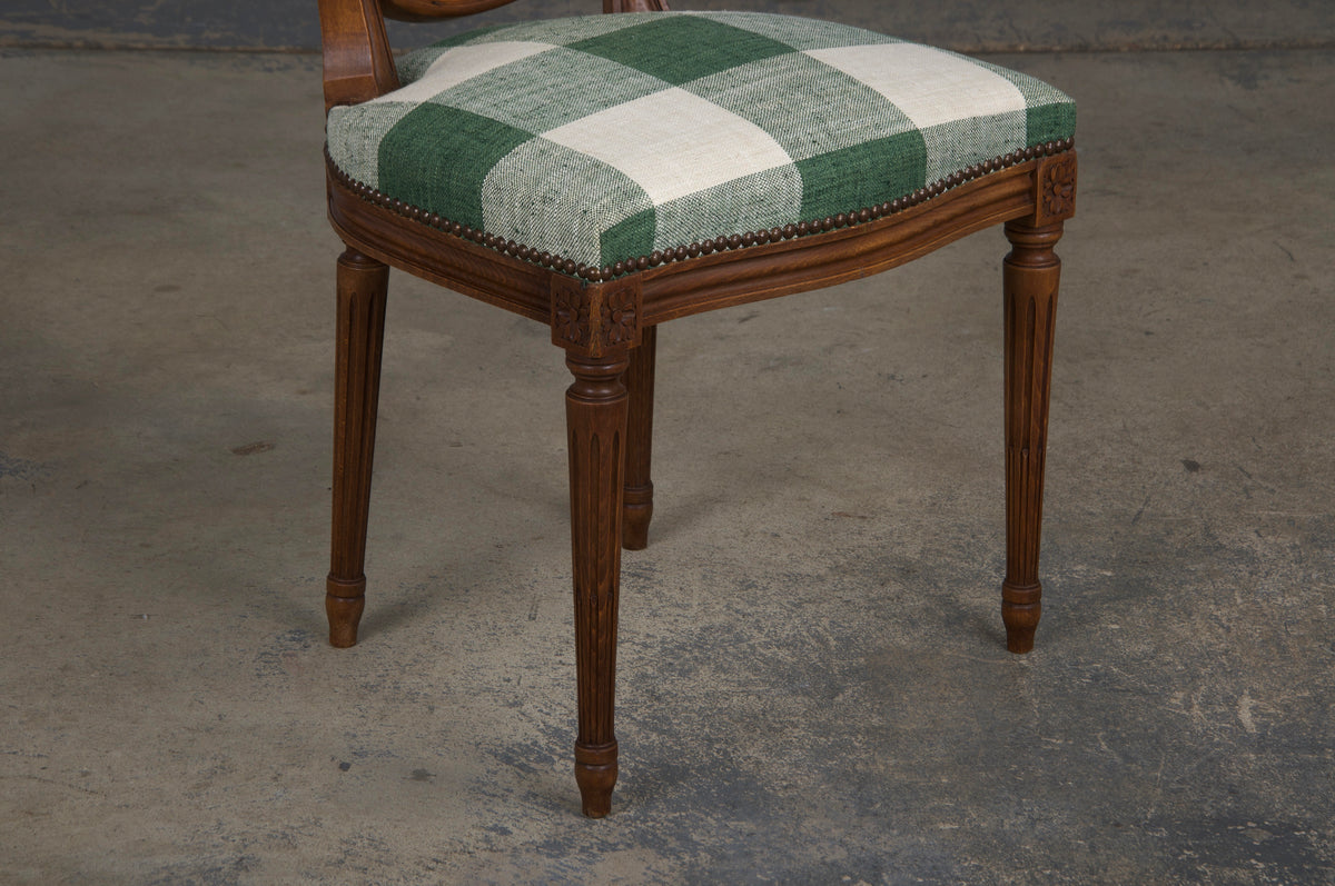 French Louis XVI Style Maple Dining Chairs W/ Green Plaid Fabric - Set of 6