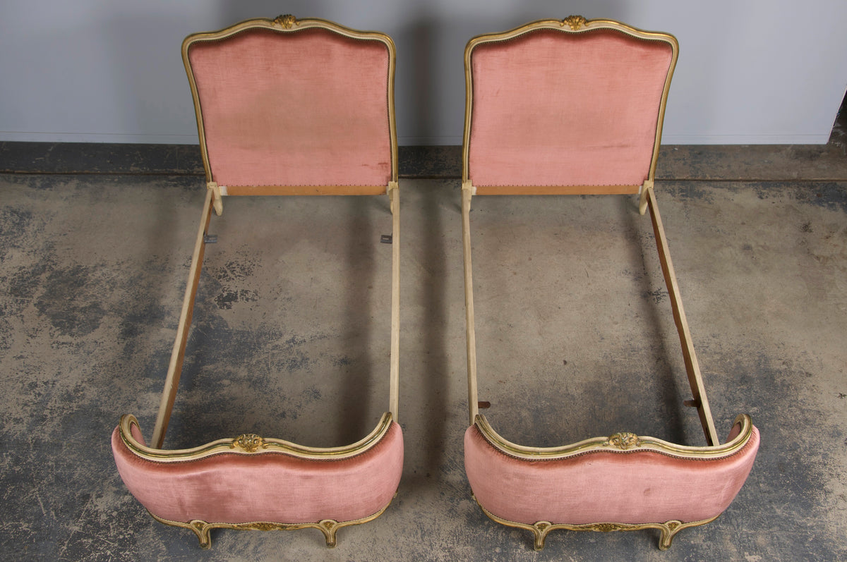 French Louis XV Style Painted Twin Size Bedframes W/ Rose Velvet - A Pair