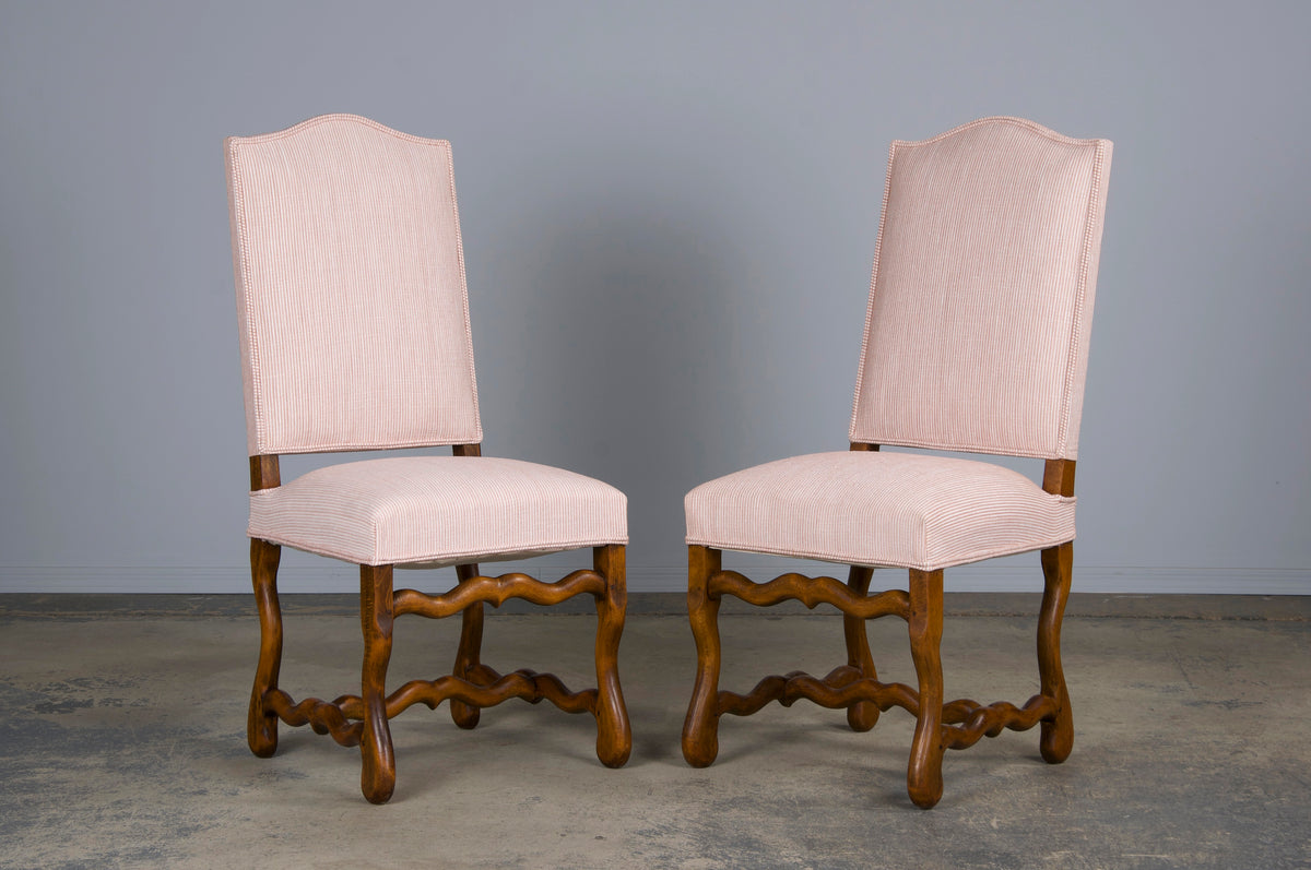 Antique French Louis XIII Style Os De Mouton Oak Dining Chairs W/ Striped Blush Pink Chenille- Set of 6