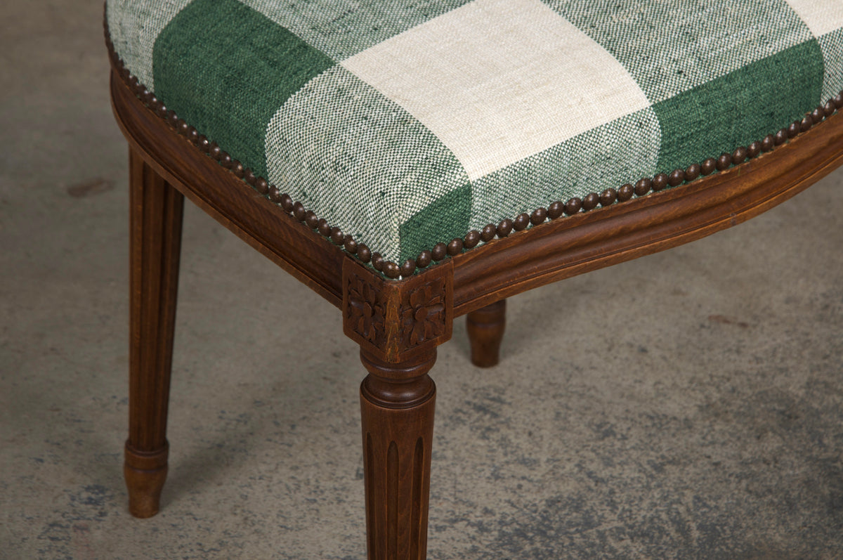 French Louis XVI Style Maple Dining Chairs W/ Green Plaid Fabric - Set of 6