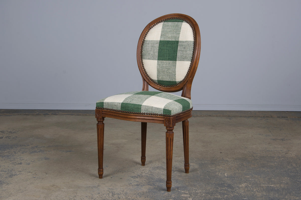 French Louis XVI Style Maple Dining Chairs W/ Green Plaid Fabric - Set of 6