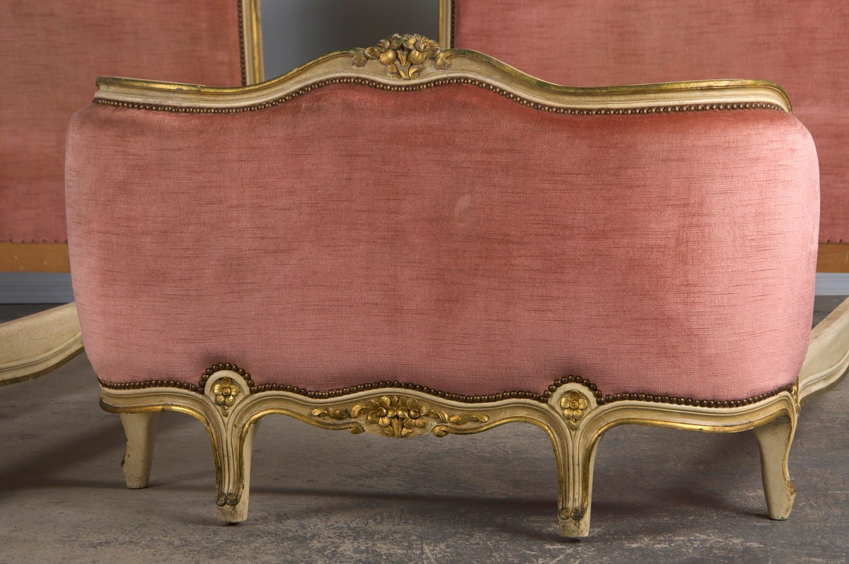 French Louis XV Style Painted Twin Size Bedframes W/ Rose Velvet - A Pair