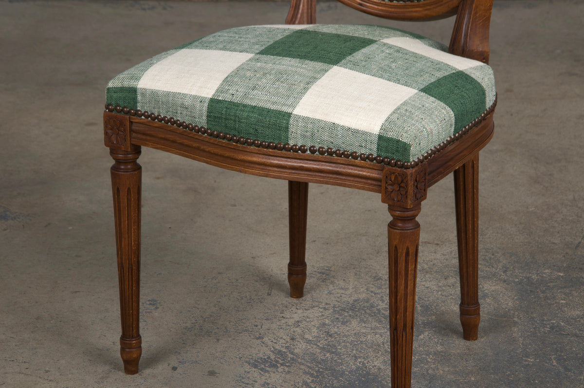 French Louis XVI Style Maple Dining Chairs W/ Green Plaid Fabric - Set of 6