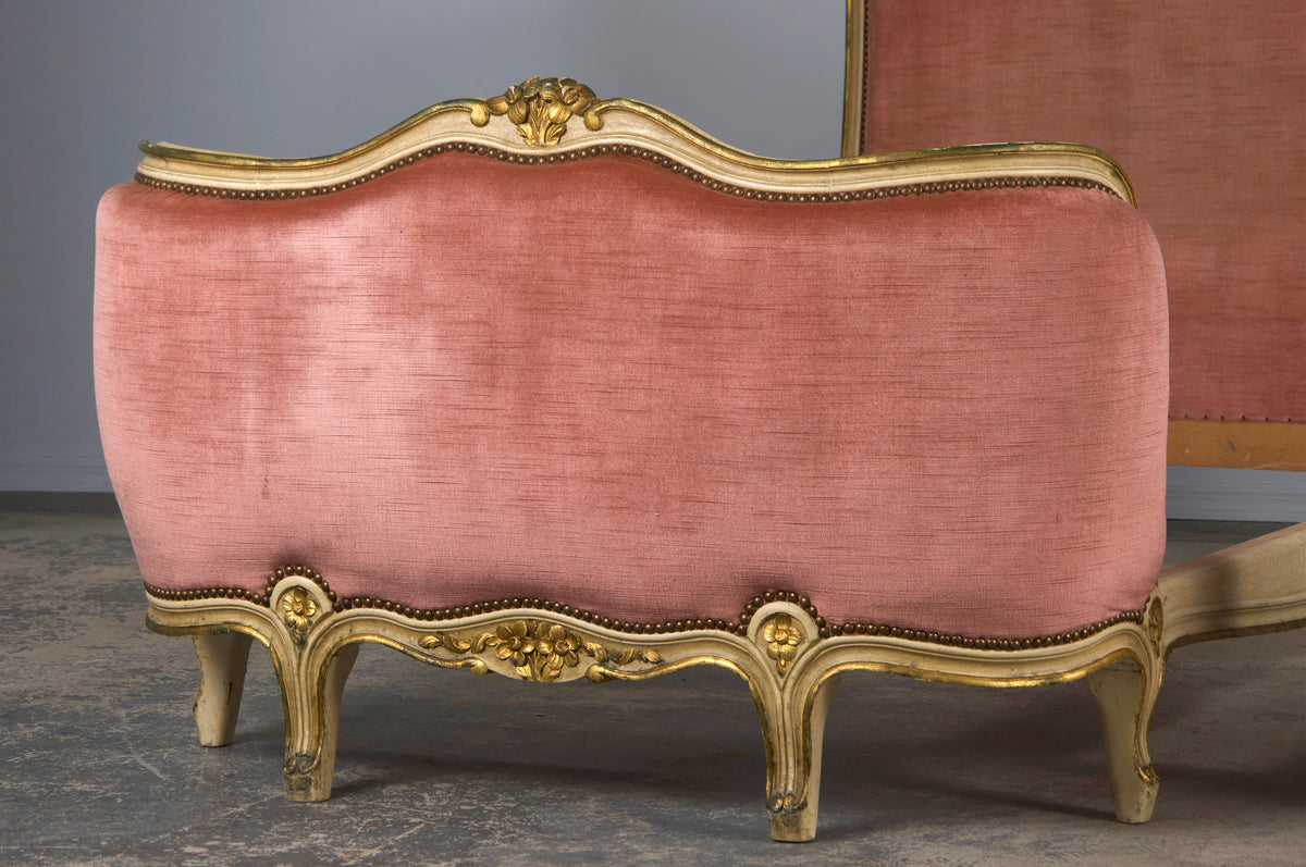 French Louis XV Style Painted Twin Size Bedframes W/ Rose Velvet - A Pair