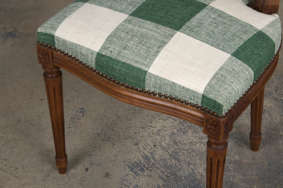 French Louis XVI Style Maple Dining Chairs W/ Green Plaid Fabric - Set of 6