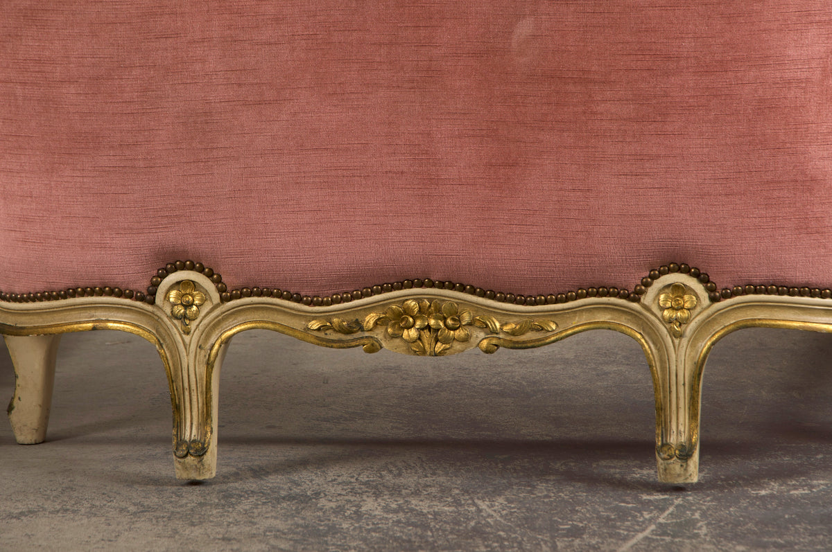 French Louis XV Style Painted Twin Size Bedframes W/ Rose Velvet - A Pair