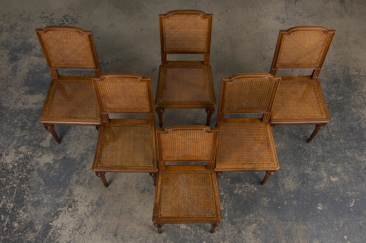 Antique French Louis XVI Style Walnut and Cane Dining Chairs - Set of 6