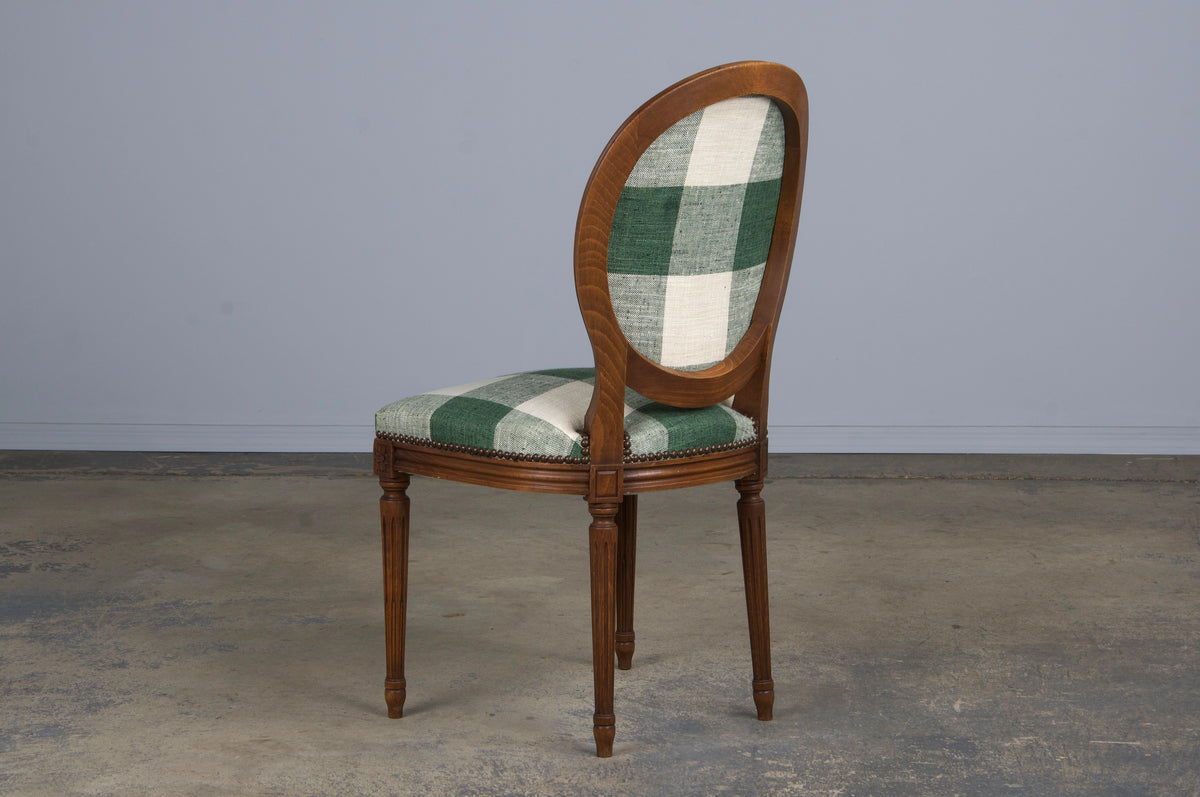 French Louis XVI Style Maple Dining Chairs W/ Green Plaid Fabric - Set of 6