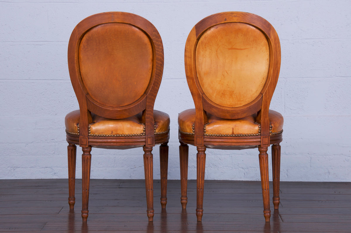 Antique French Louis XVI Maple Dining Chairs W/ Original Brown Leather - Set of 6