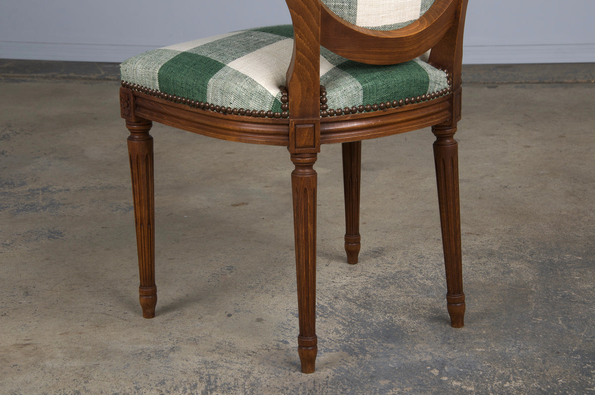 French Louis XVI Style Maple Dining Chairs W/ Green Plaid Fabric - Set of 6