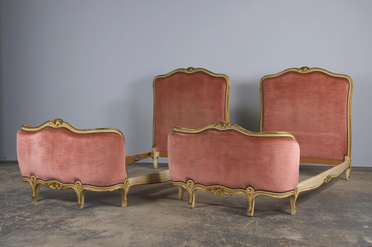 French Louis XV Style Painted Twin Size Bedframes W/ Rose Velvet - A Pair