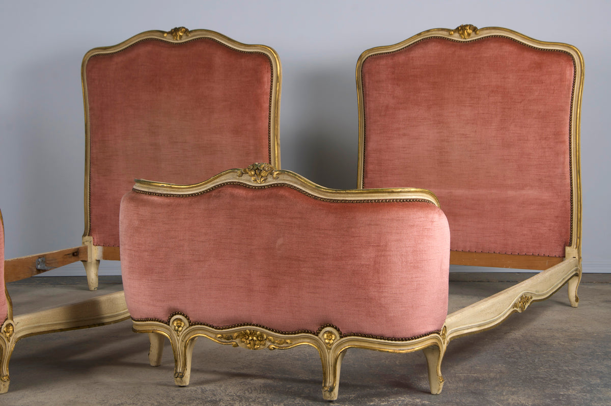 French Louis XV Style Painted Twin Size Bedframes W/ Rose Velvet - A Pair