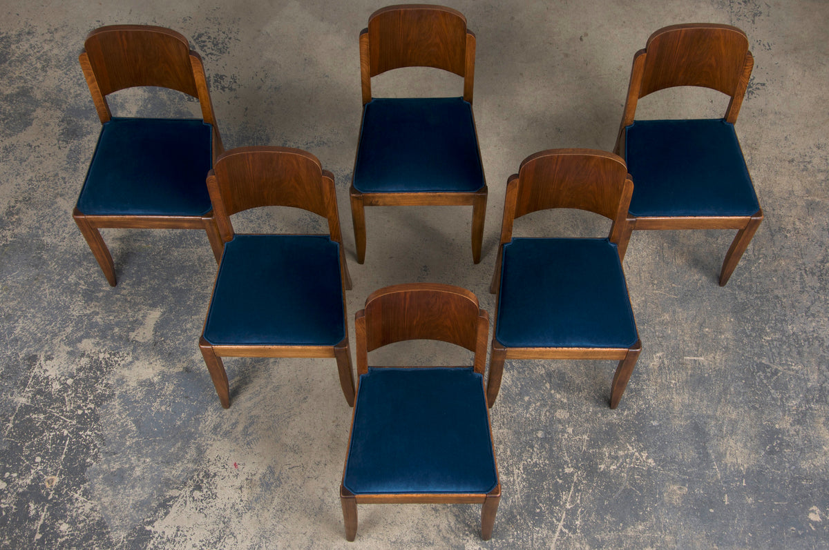 1950s French Art Deco Maple Dining Chairs W/ Dark Blue Velvet - Set of 6