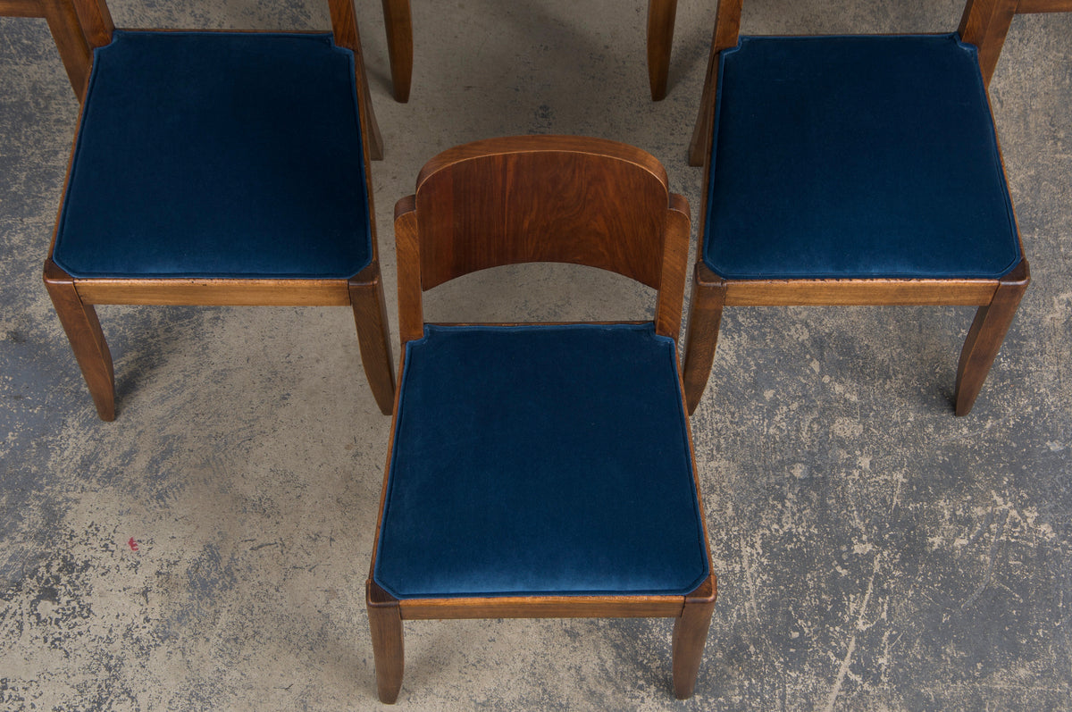 1950s French Art Deco Maple Dining Chairs W/ Dark Blue Velvet - Set of 6