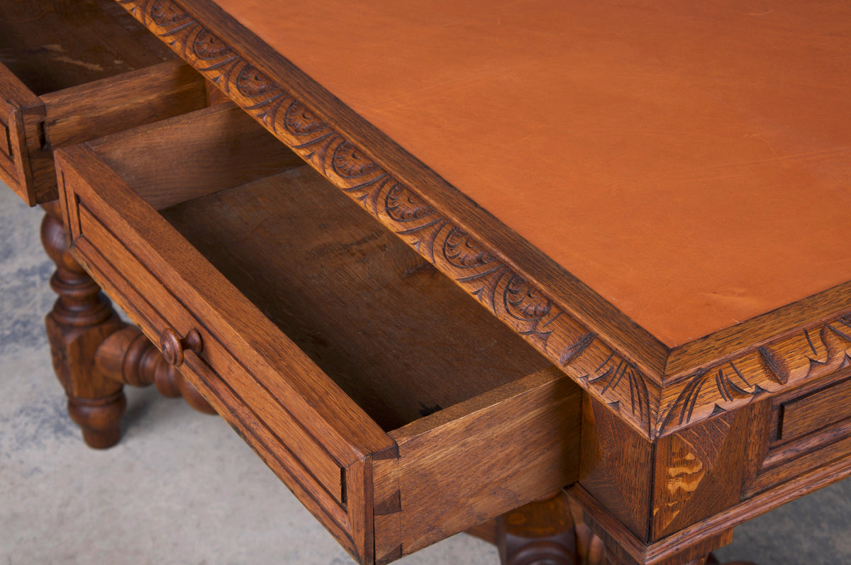 Antique French Louis XIII Style Barley Twist Oak Writing Desk W/ Leather Top