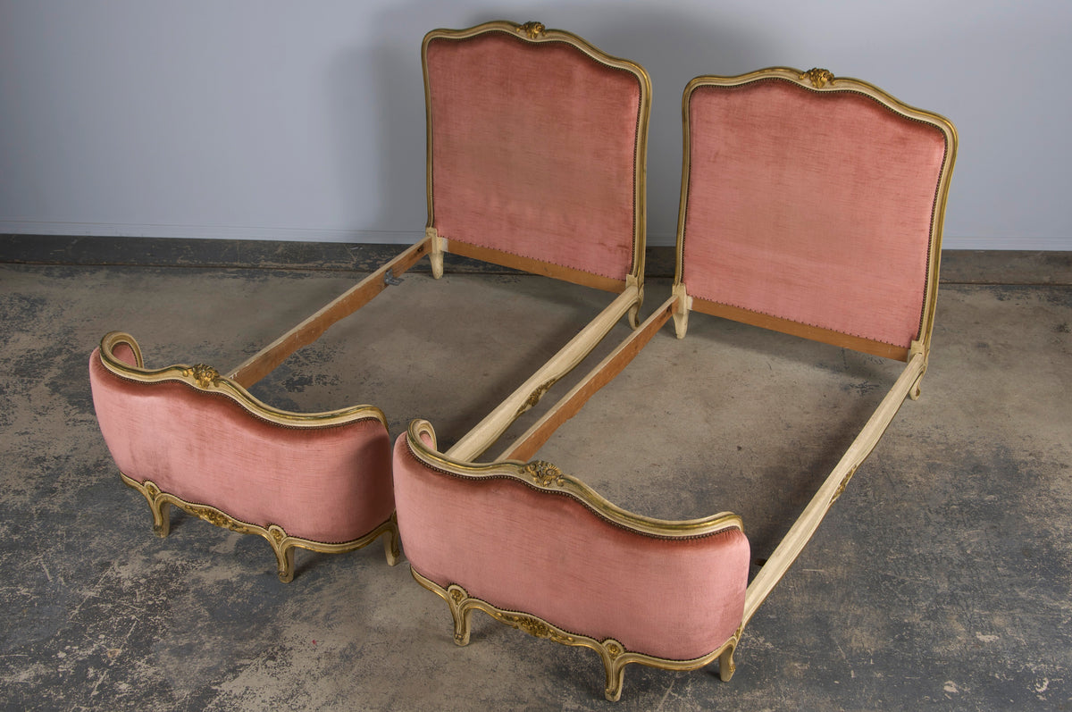 French Louis XV Style Painted Twin Size Bedframes W/ Rose Velvet - A Pair