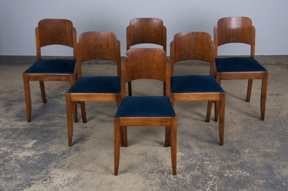 1950s French Art Deco Maple Dining Chairs W/ Dark Blue Velvet - Set of 6