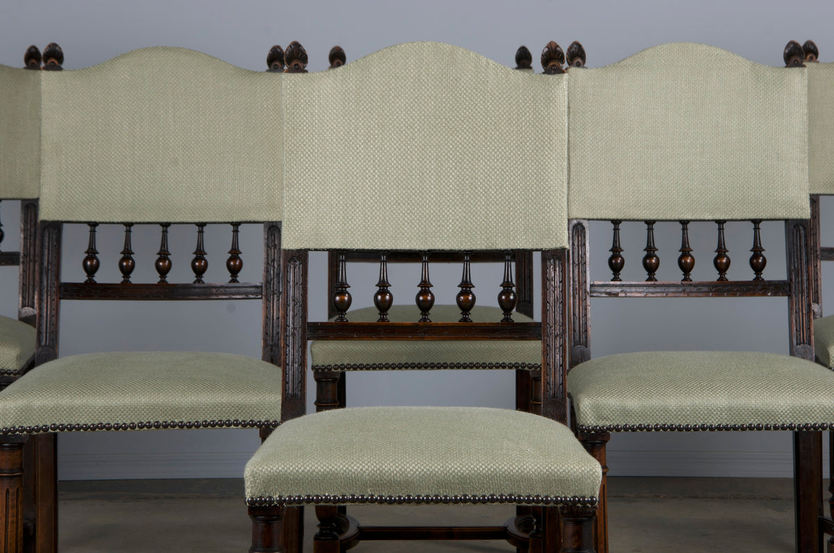 Antique French Henry II Style Walnut Dining Chairs W/ Sage Green Woven Fabric - Set of 6