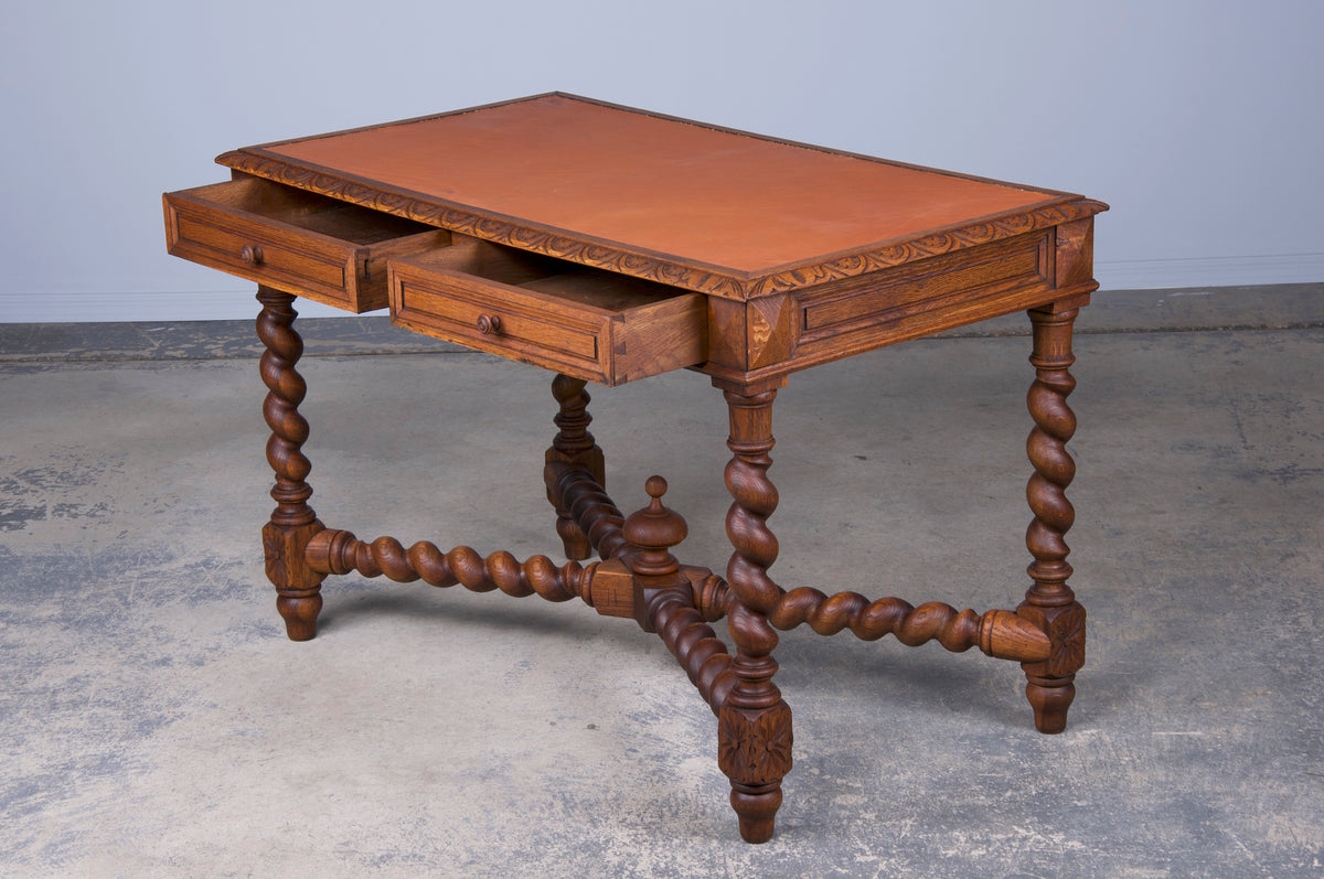 Antique French Louis XIII Style Barley Twist Oak Writing Desk W/ Leather Top