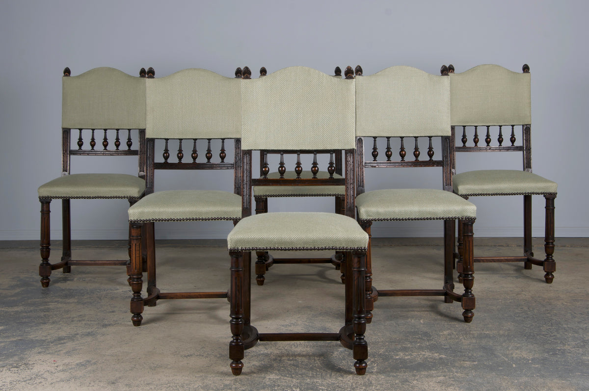 Antique French Henry II Style Walnut Dining Chairs W/ Sage Green Woven Fabric - Set of 6