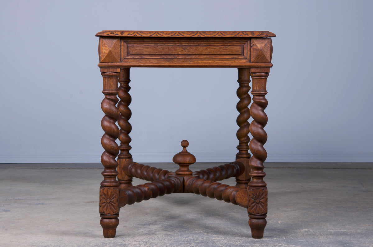 Antique French Louis XIII Style Barley Twist Oak Writing Desk W/ Leather Top