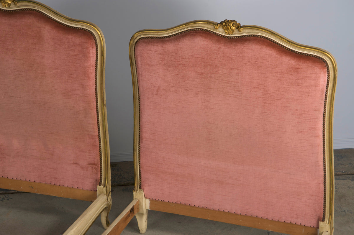 French Louis XV Style Painted Twin Size Bedframes W/ Rose Velvet - A Pair