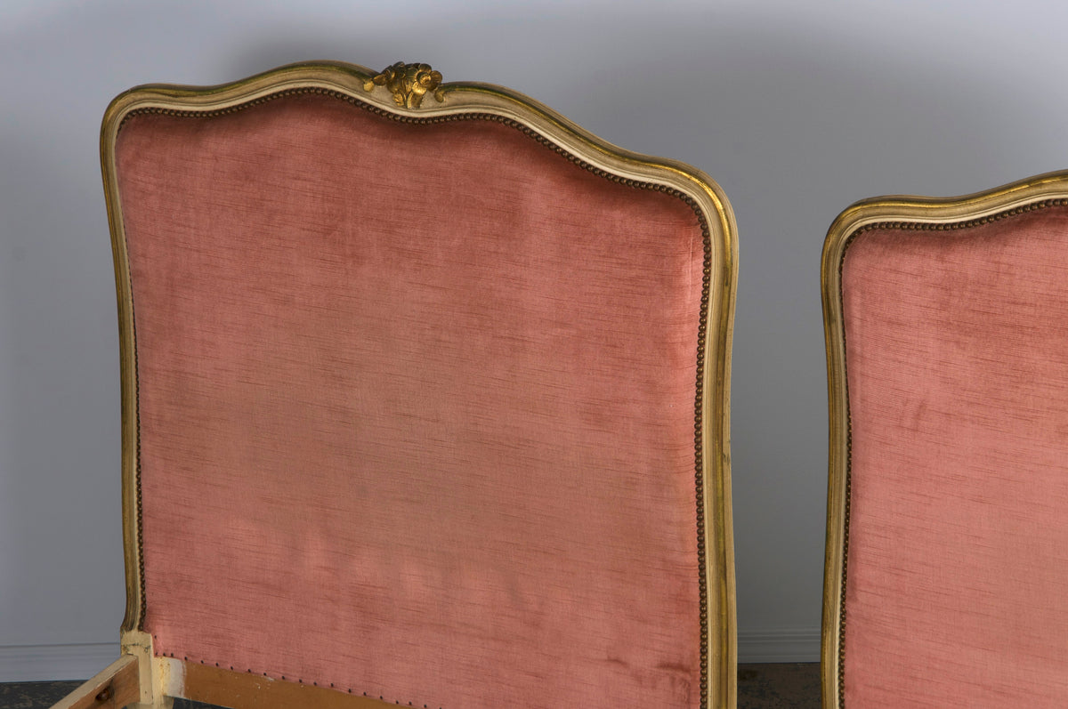 French Louis XV Style Painted Twin Size Bedframes W/ Rose Velvet - A Pair