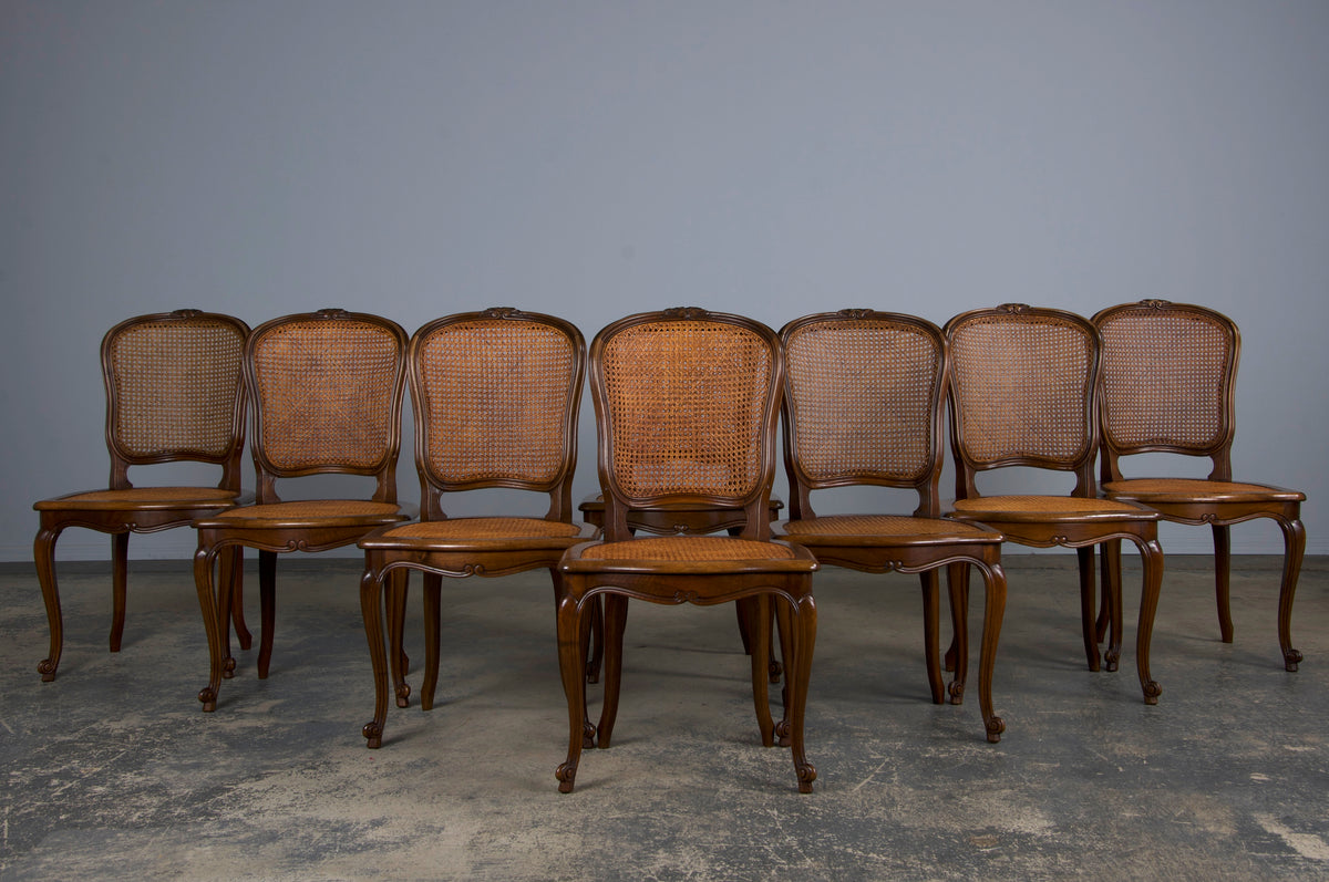 Antique French Louis XV Style Provincial Walnut and Cane Dining Chairs - Set of 8