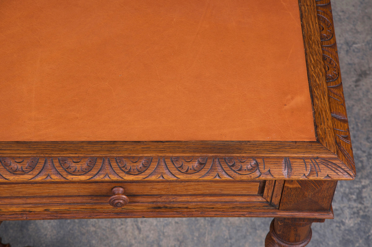 Antique French Louis XIII Style Barley Twist Oak Writing Desk W/ Leather Top