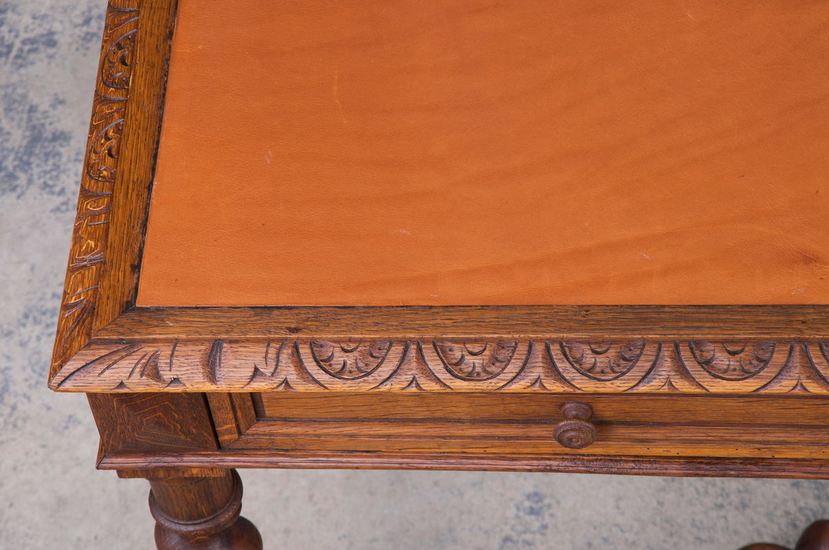 Antique French Louis XIII Style Barley Twist Oak Writing Desk W/ Leather Top