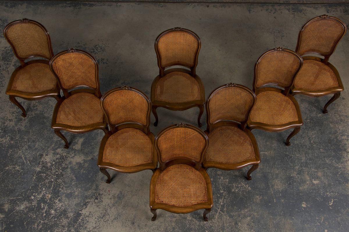 Antique French Louis XV Style Provincial Walnut and Cane Dining Chairs - Set of 8