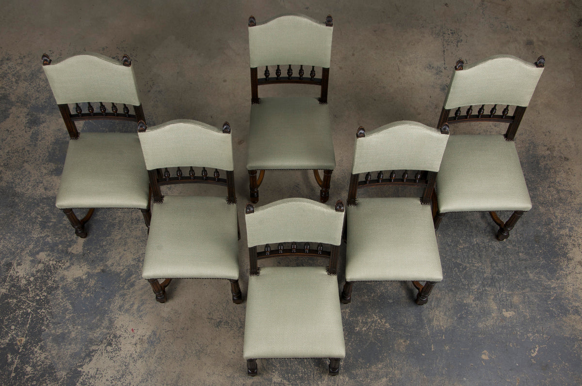 Antique French Henry II Style Walnut Dining Chairs W/ Sage Green Woven Fabric - Set of 6