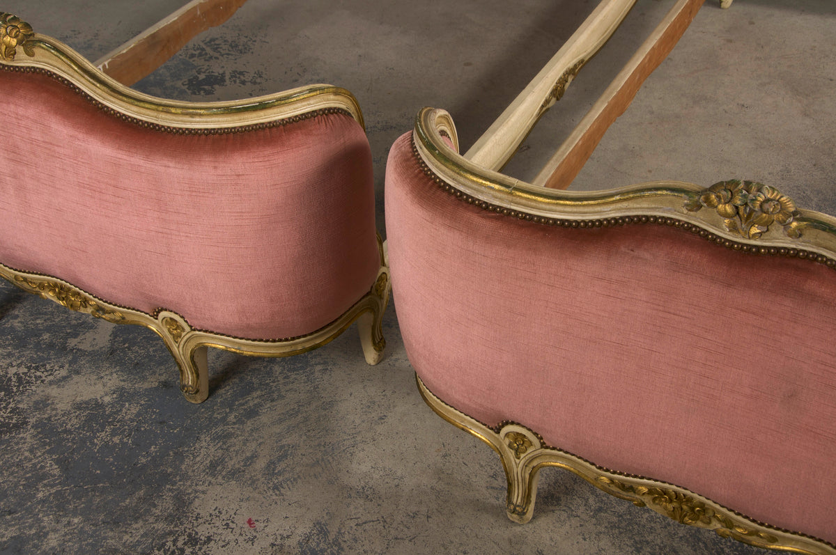 French Louis XV Style Painted Twin Size Bedframes W/ Rose Velvet - A Pair