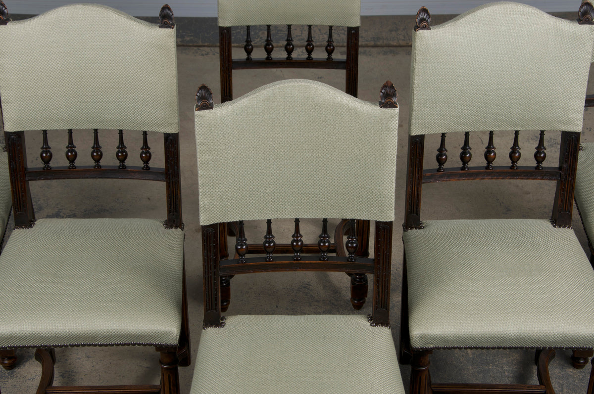 Antique French Henry II Style Walnut Dining Chairs W/ Sage Green Woven Fabric - Set of 6