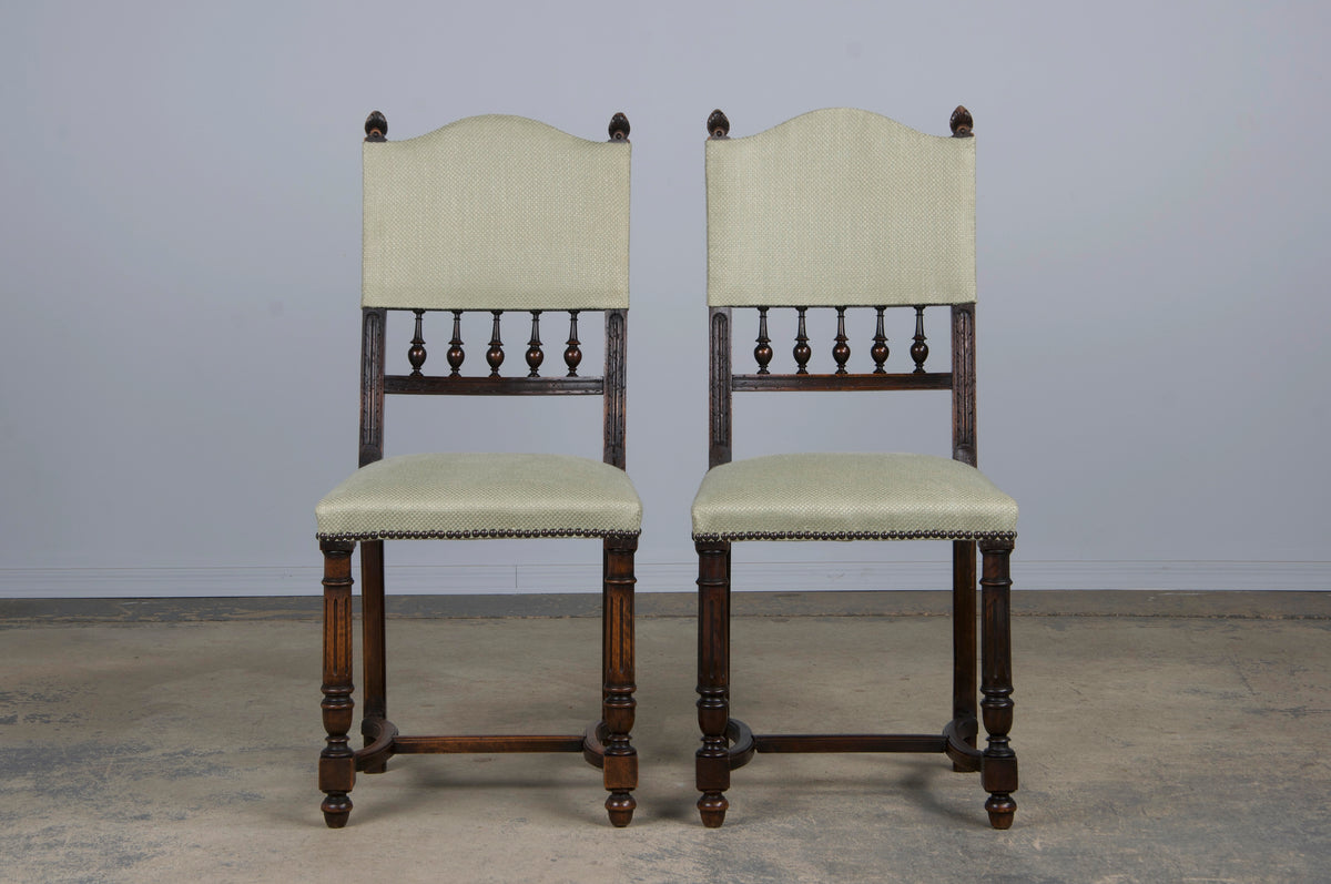 Antique French Henry II Style Walnut Dining Chairs W/ Sage Green Woven Fabric - Set of 6