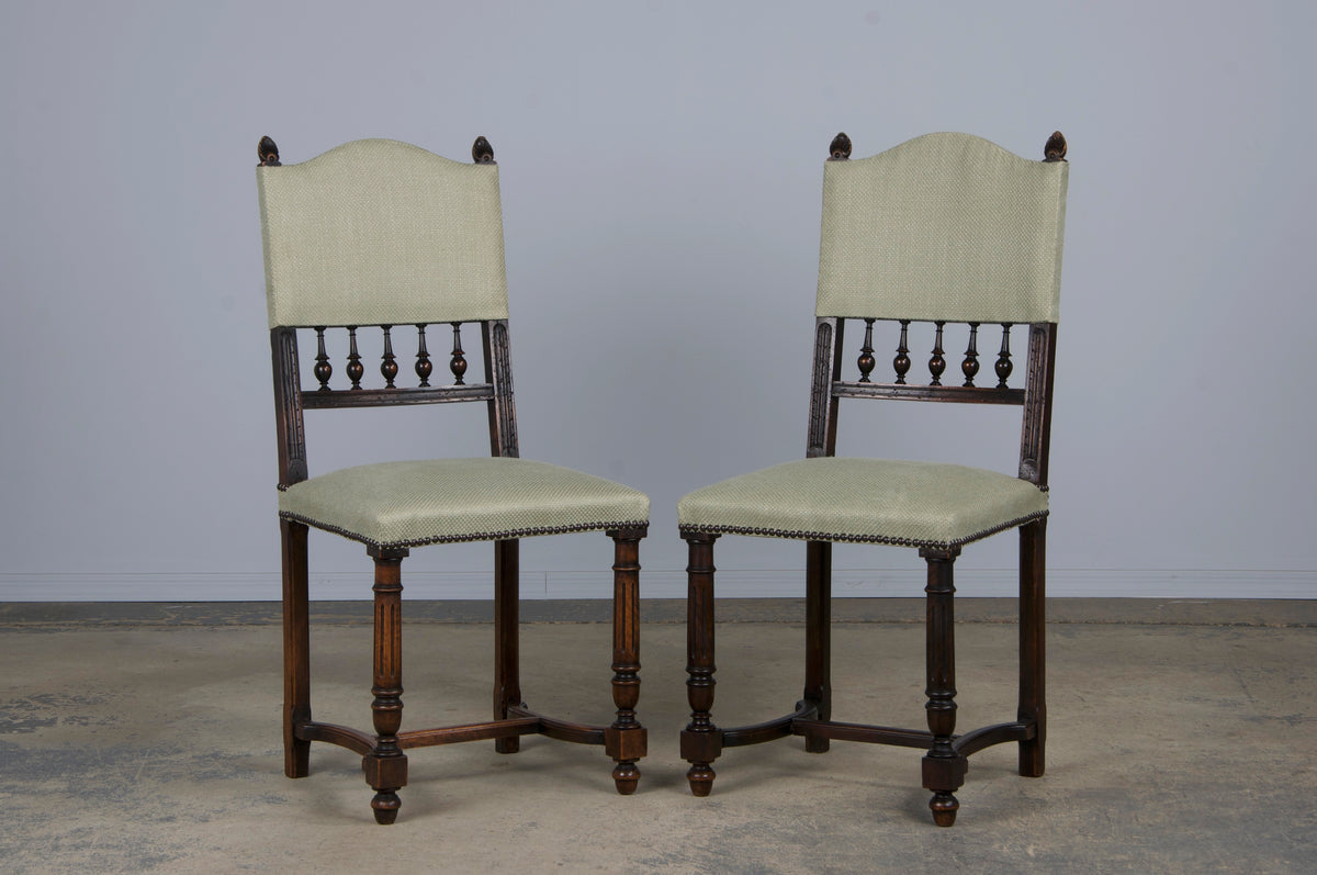 Antique French Henry II Style Walnut Dining Chairs W/ Sage Green Woven Fabric - Set of 6