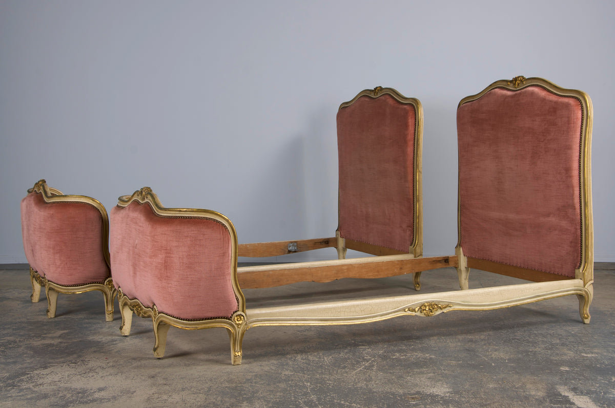 French Louis XV Style Painted Twin Size Bedframes W/ Rose Velvet - A Pair