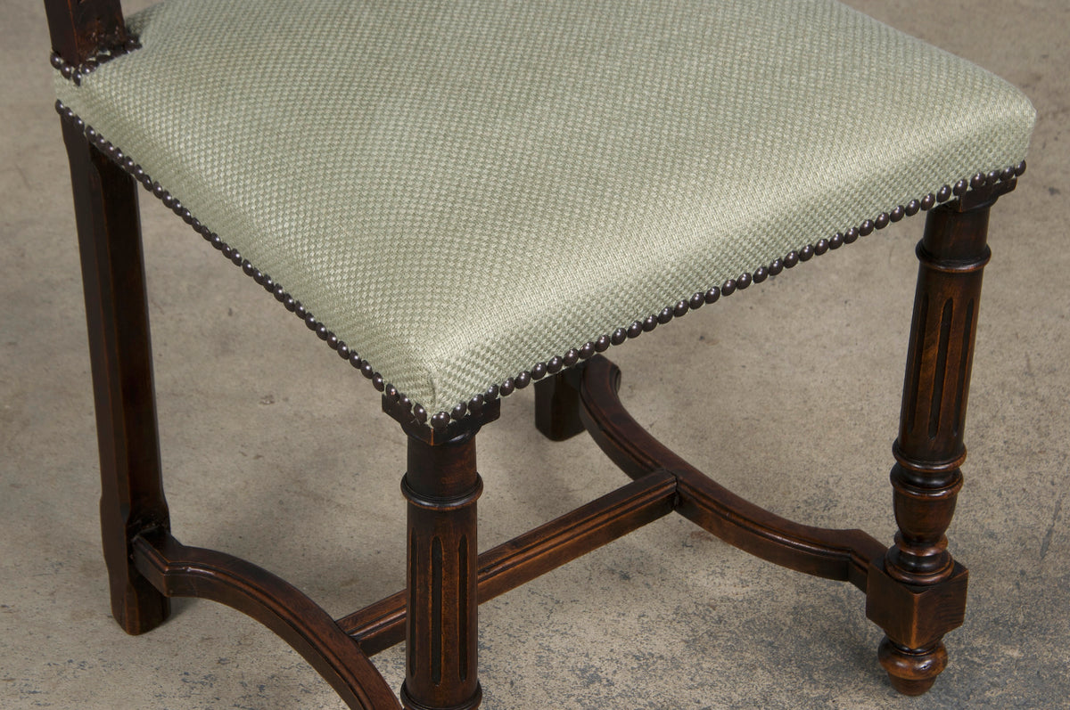 Antique French Henry II Style Walnut Dining Chairs W/ Sage Green Woven Fabric - Set of 6