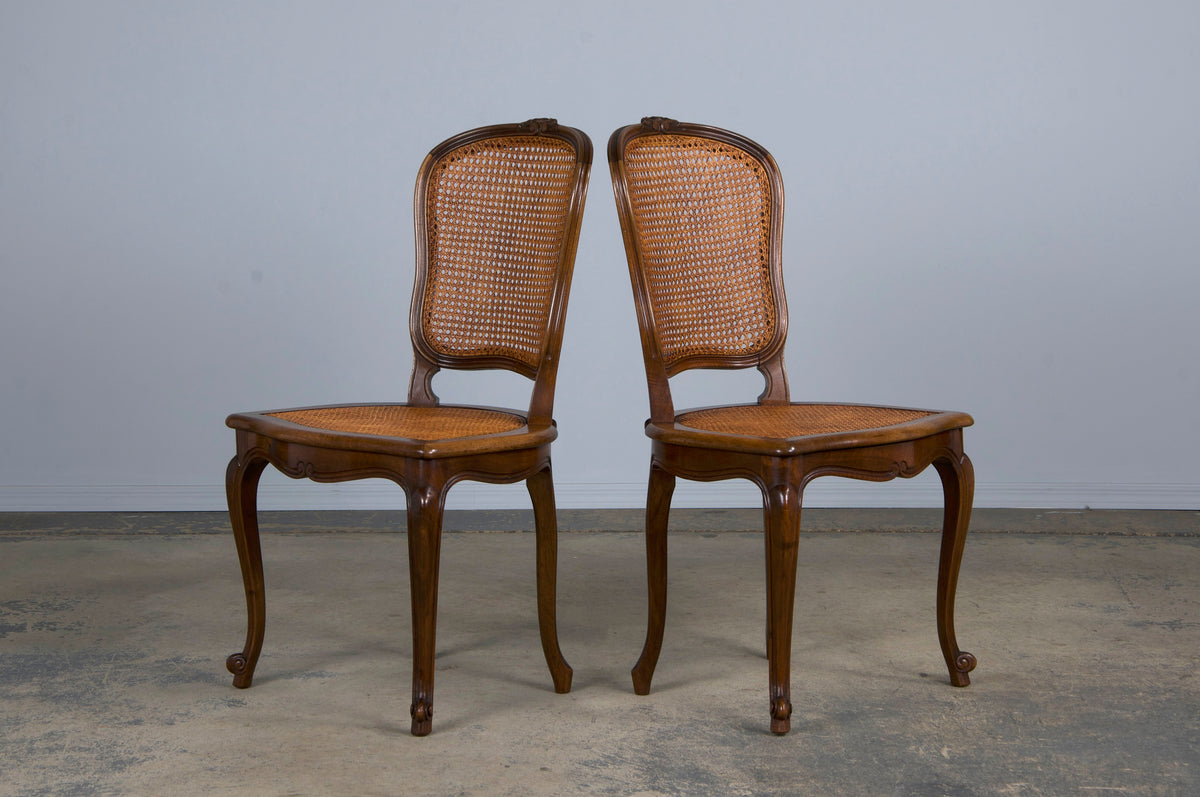 Antique French Louis XV Style Provincial Walnut and Cane Dining Chairs - Set of 8