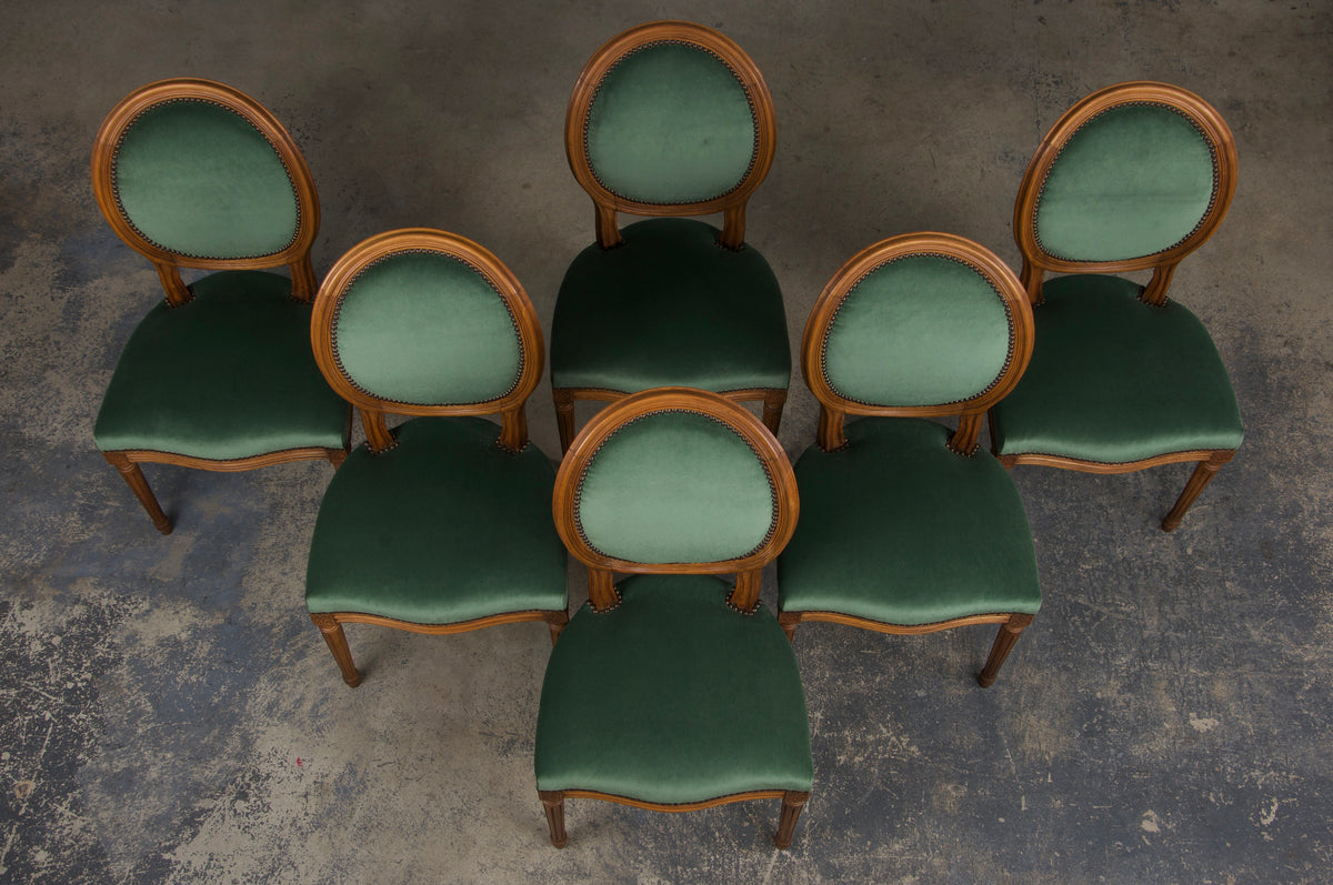 French Louis XVI Style Maple Dining Chairs W/ Green Velvet - Set of 6