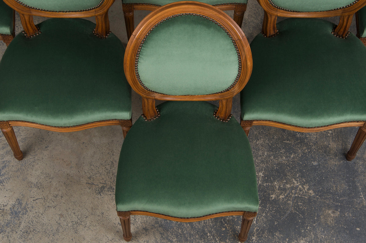 French Louis XVI Style Maple Dining Chairs W/ Green Velvet - Set of 6