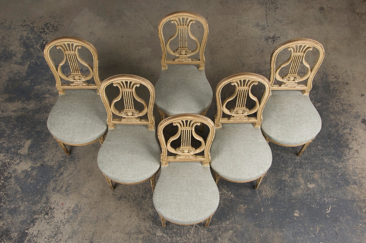 Antique French Louis XVI Neoclassical Style Painted Lyre Back Dining Chairs W/ Sage Green Chenille- Set of 6