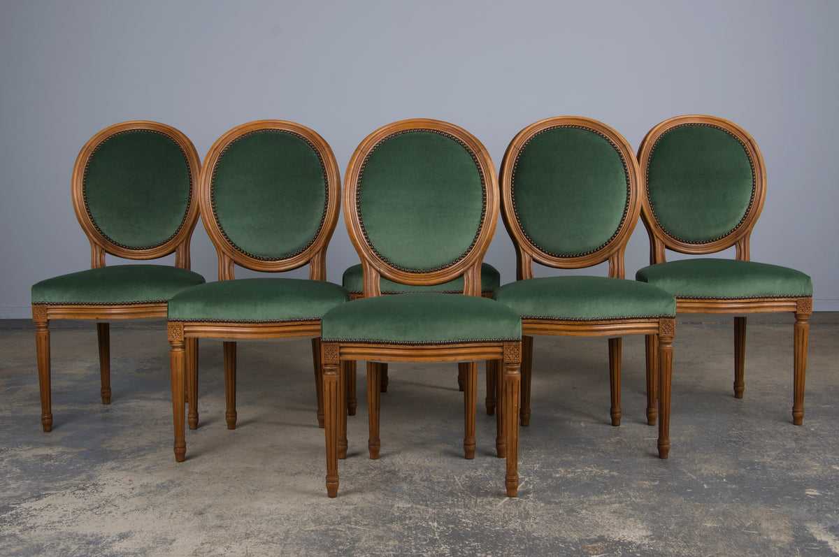 French Louis XVI Style Maple Dining Chairs W/ Green Velvet - Set of 6