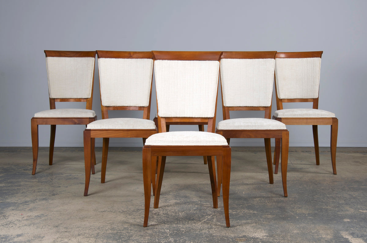 1930s French Art Deco Maple Dining Chairs W/ Off-White Chenille - Set of 6