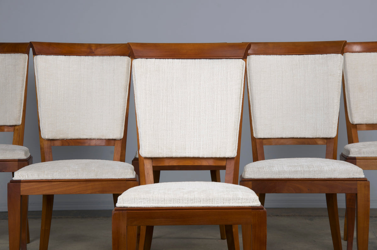 1930s French Art Deco Maple Dining Chairs W/ Off-White Chenille - Set of 6