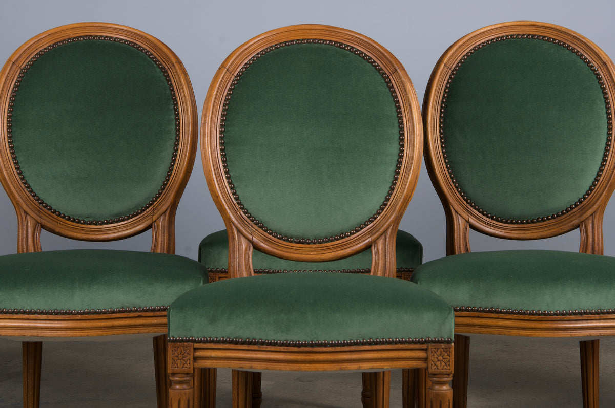 French Louis XVI Style Maple Dining Chairs W/ Green Velvet - Set of 6